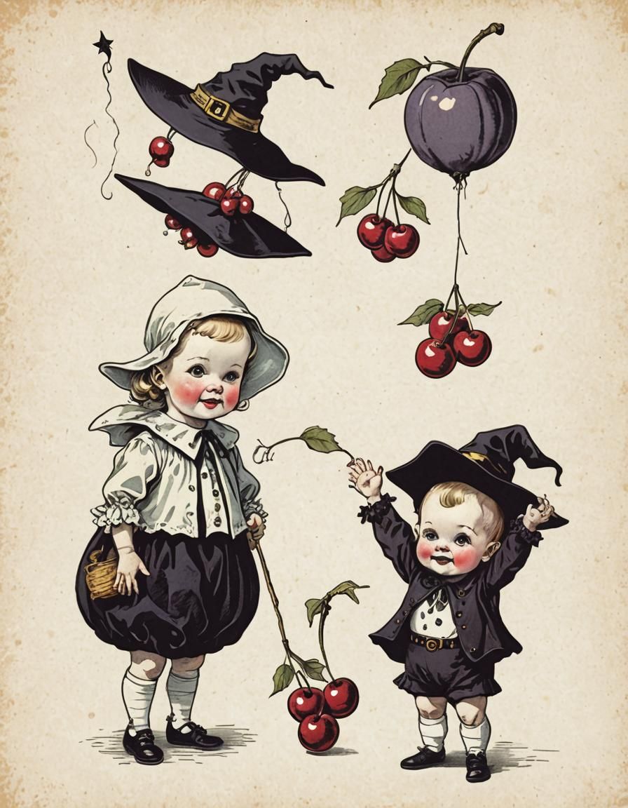 Retro Illustration: Witch Baby and Cherry Baby