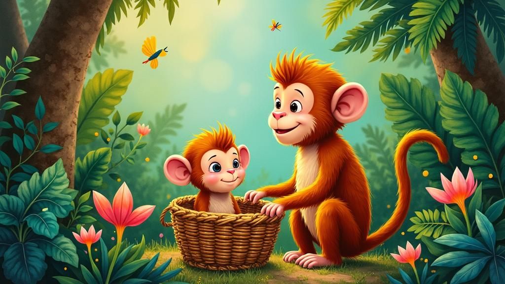 Monkey Finds Baby in Jungle Impasto Painting