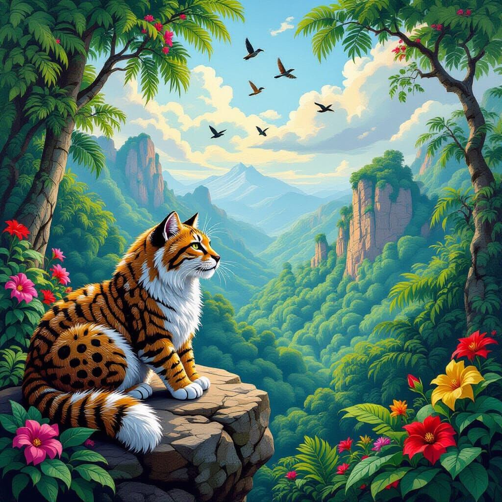 Beaded Saber-Toothed Cat Overlooking Prehistoric Jungle