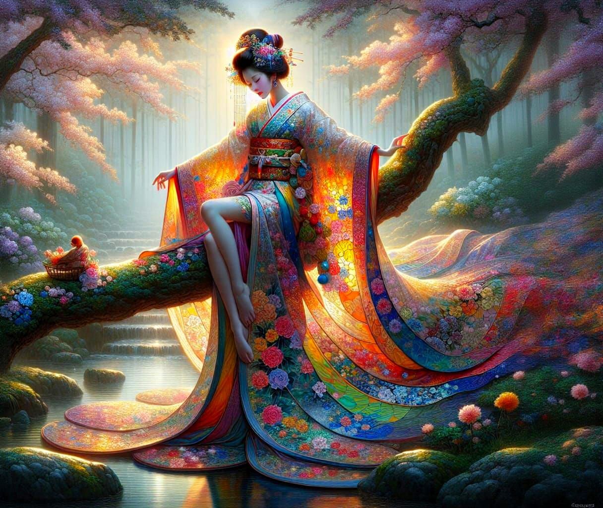 Gracious Geisha in Vibrant Stained Glass Attire