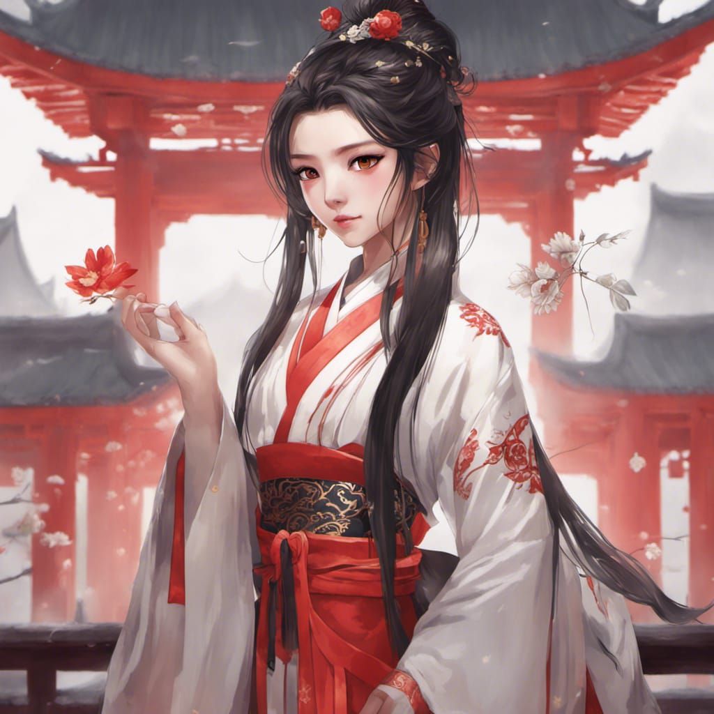 Beautiful Woman in Hanfu Surrounded by Dragons