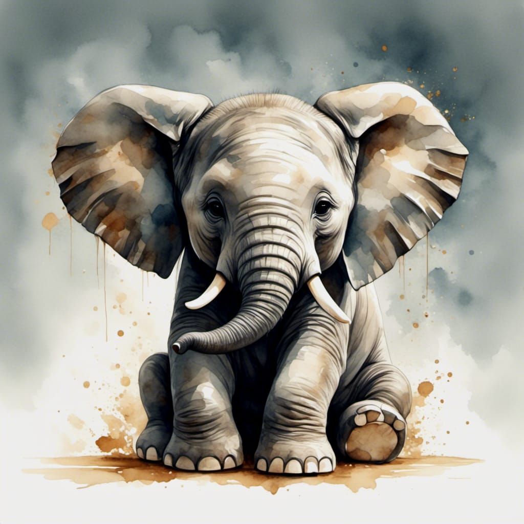 Adorable Baby Elephant in Watercolor Style