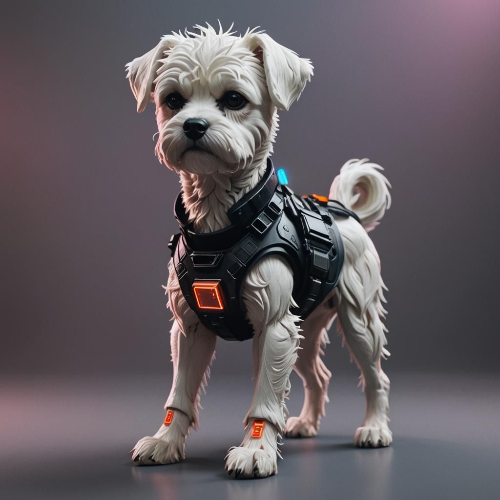 Cyberpunk Maltese Dog in Neon Cityscape