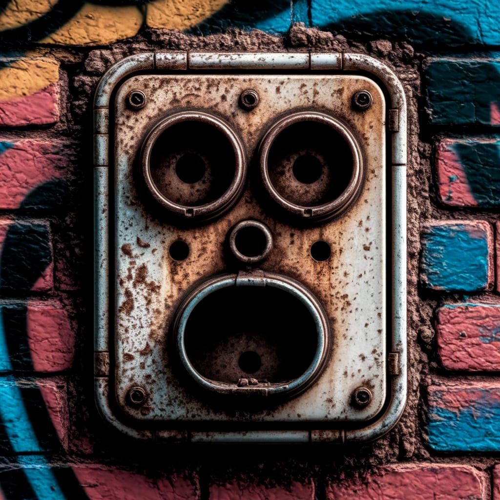 Weathered Electrical Outlet Transforms into a Surprised Face