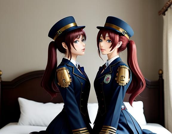 Steampunk Anime Twins Kissing in Bedroom