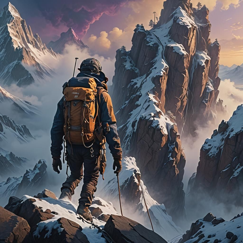Heroic Mountain Climber in Ancient Mist, Digital Painting