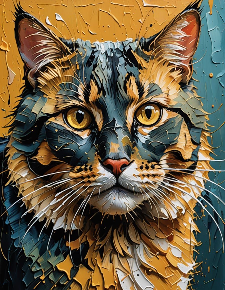 Cat with Mouse: Impasto Gouache Close-Up