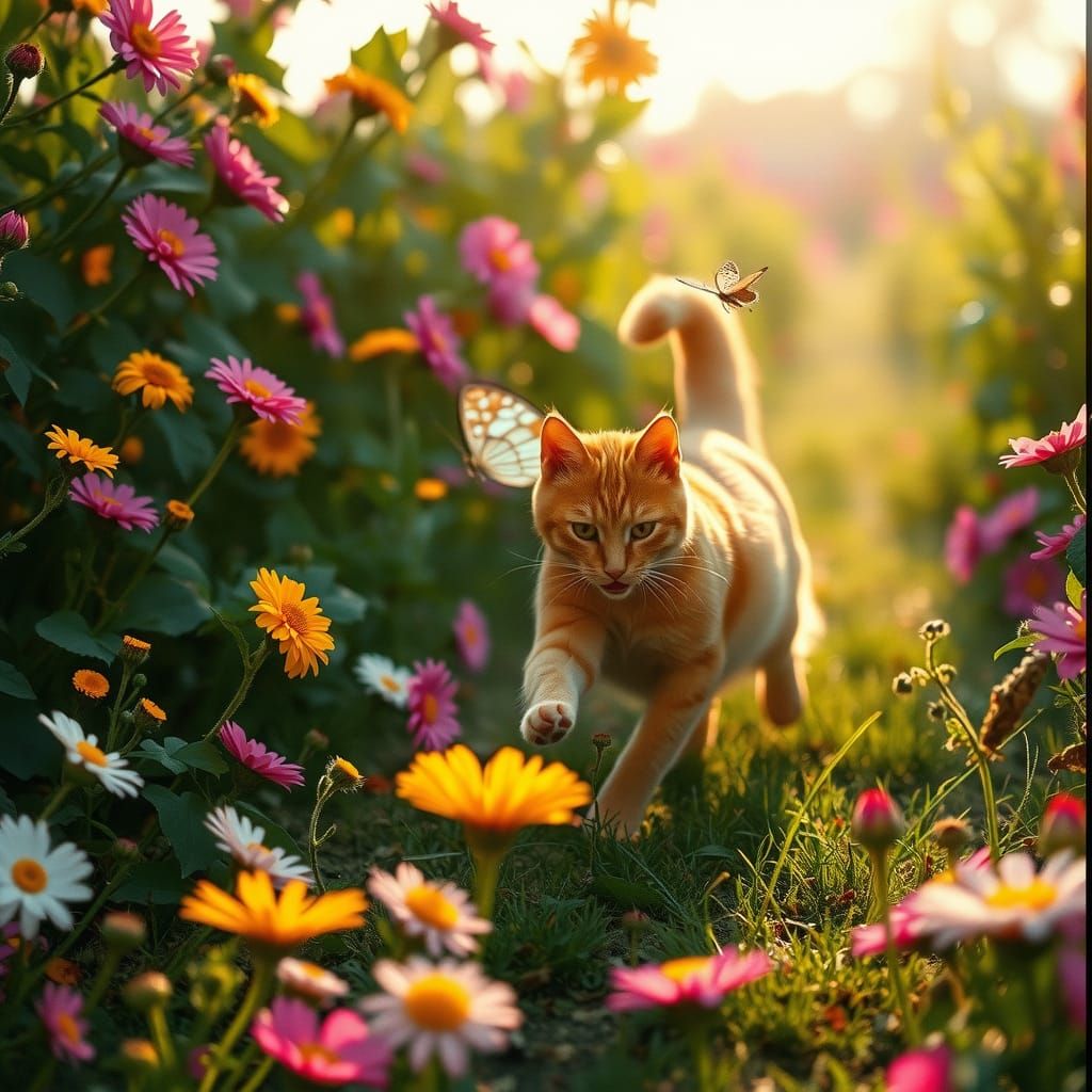 Cinematic Ginger Cat Chasing Butterfly in Flower Garden