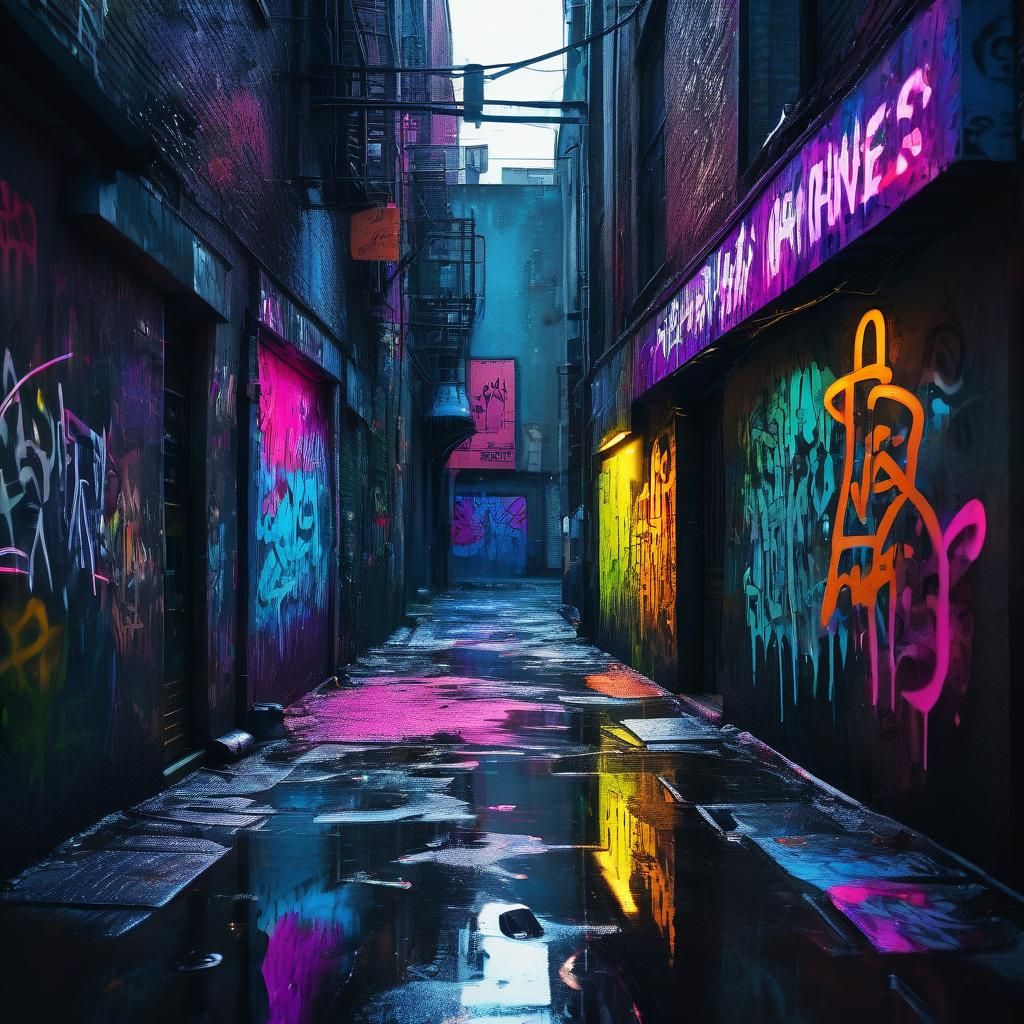 Vibrant Graffiti Alleyway with Neon Sign
