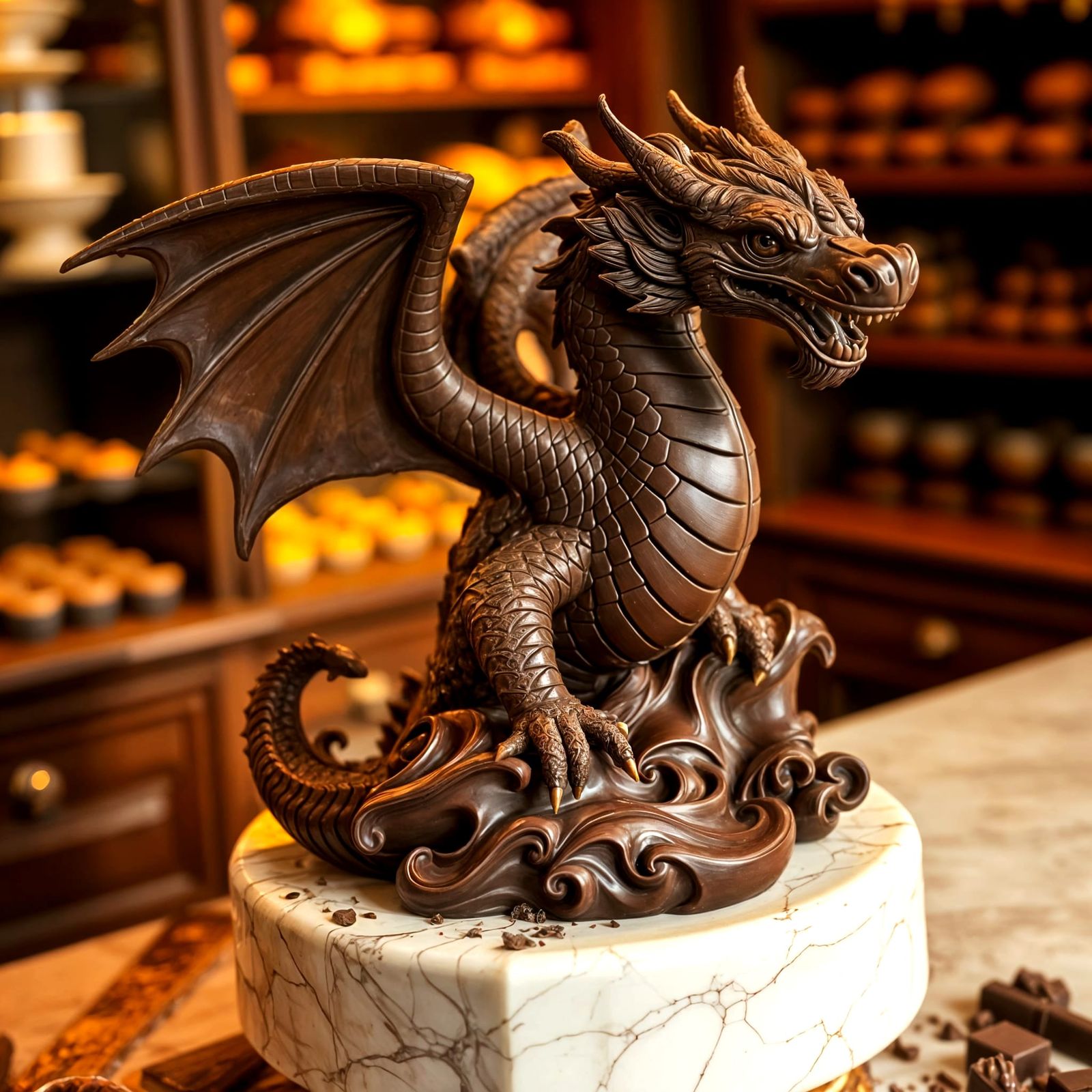 Chocolate Dragon Sculpture Taking Flight