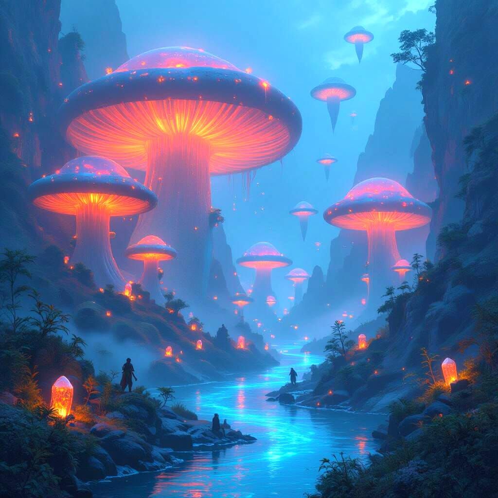 Bioluminescent Mushrooms in a Fantasy Valley