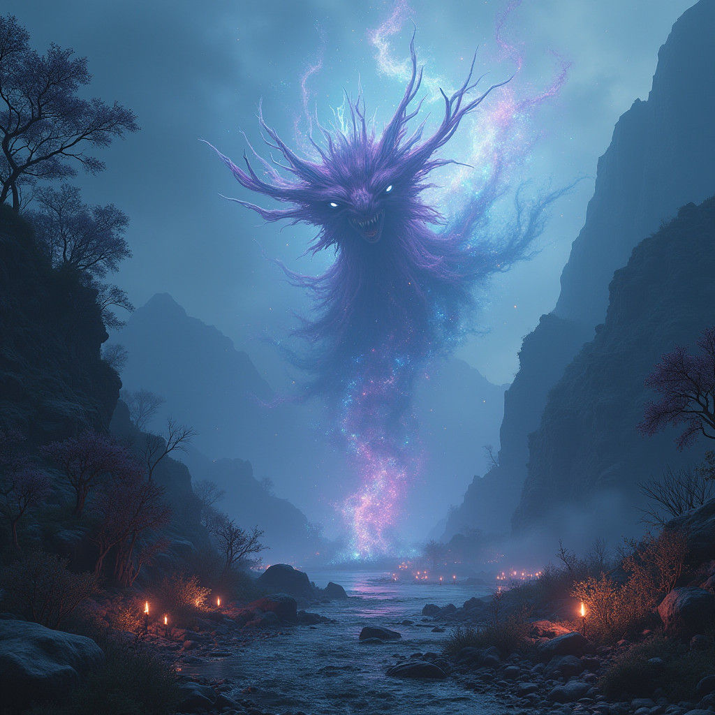 Golem Emerges from Vortex in Fantasy Landscape