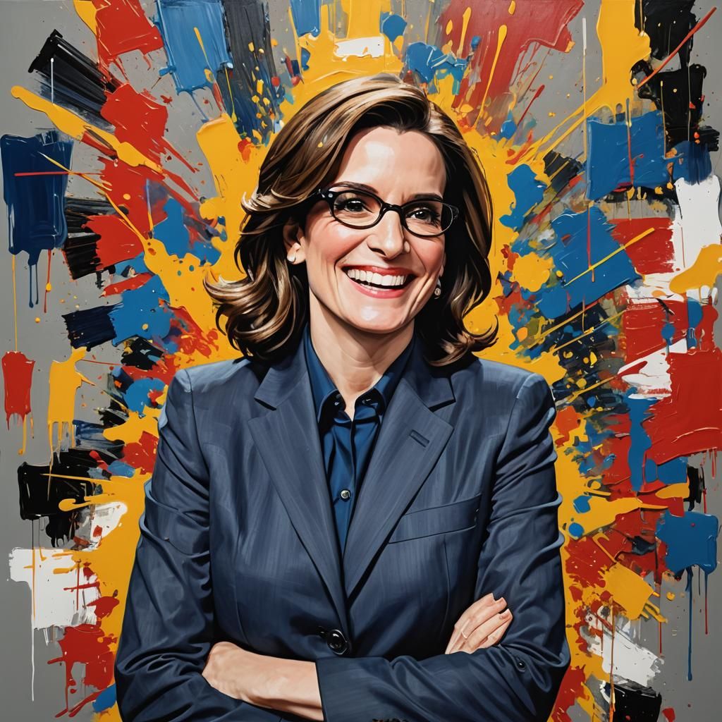 Tina Fey Laughing, Oil Painting in Pop Art Style