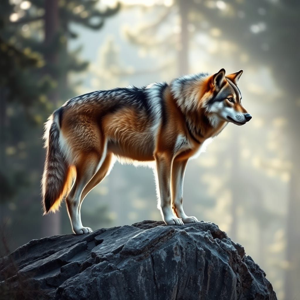 Majestic Wolf in Forest Landscape, Soft Light