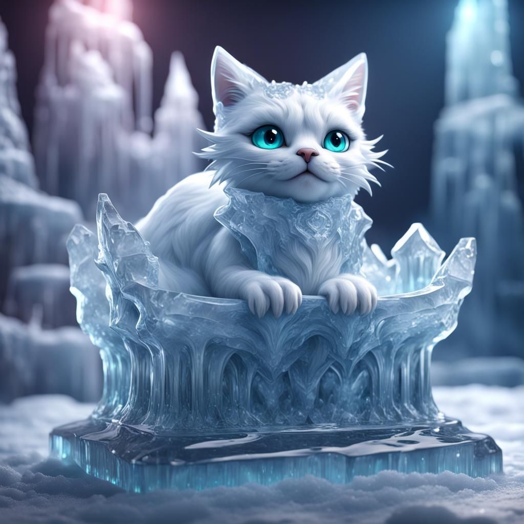 Cute Cat Ice Sculpture on Ice Throne