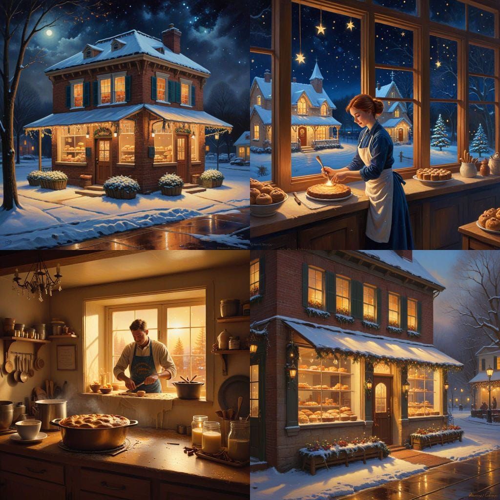 Cozy Christmas Bakery Scene in Oil Painting Style