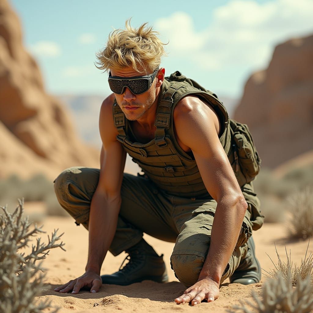 Camouflaged Man in Desert Landscape