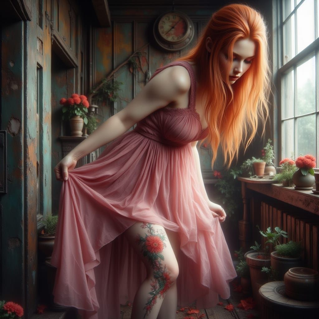 Surreal Tattooed Redhead in Floral Dress
