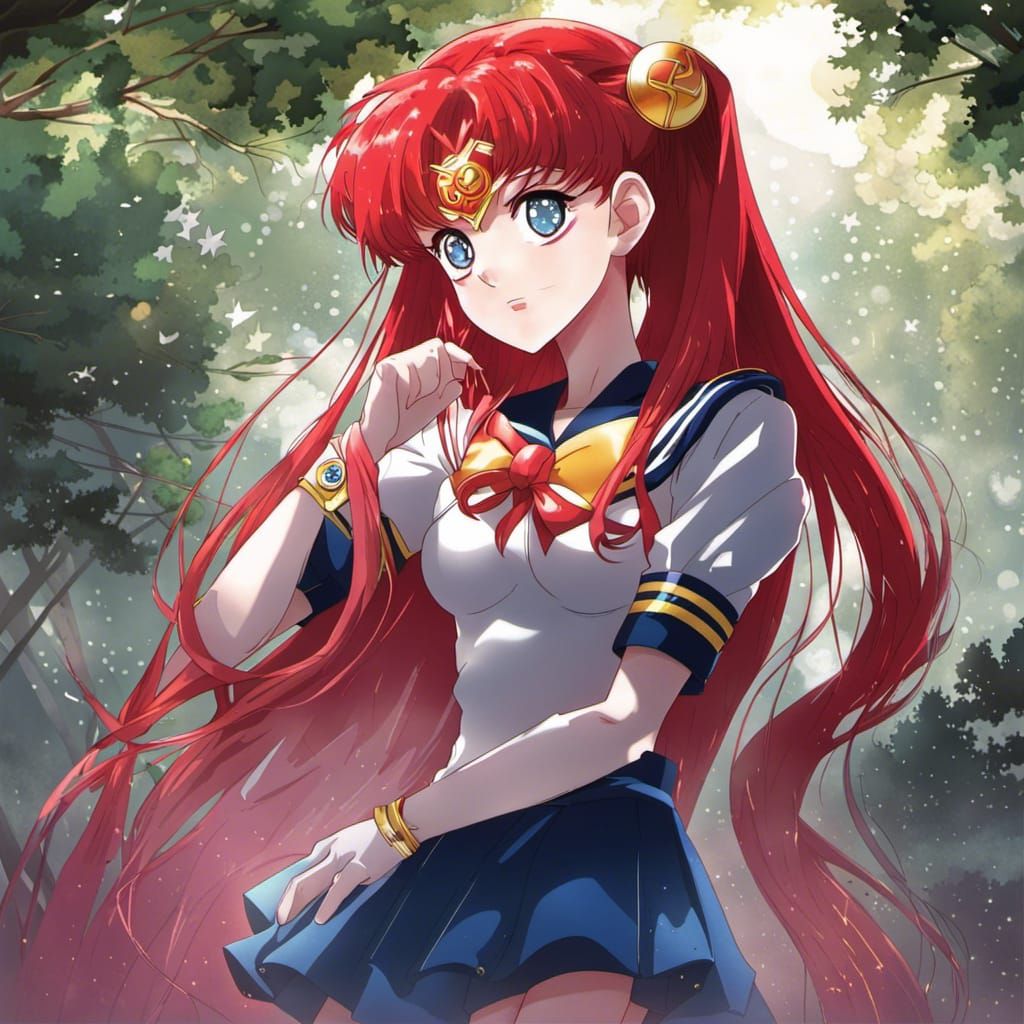 Red Hair Girl with Sailor Moon in Anime Style