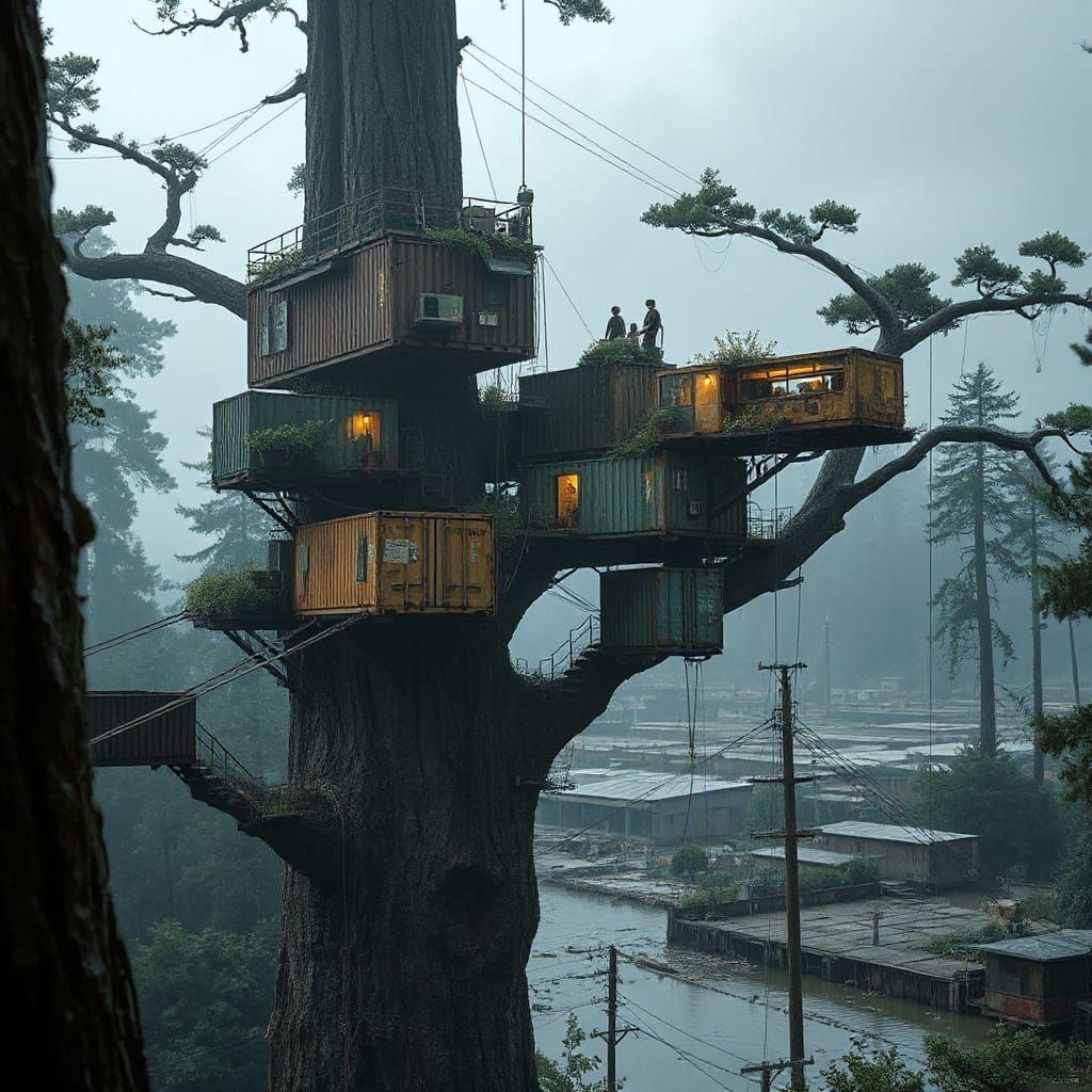 Resilient Treehouse Colony in Weathered Redwoods