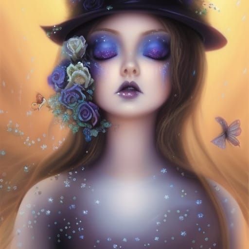 Innocent youthful gothic good witch with very innocent looking face& Beautiful blonde hair& Blue eyes& smoky black eyesh...