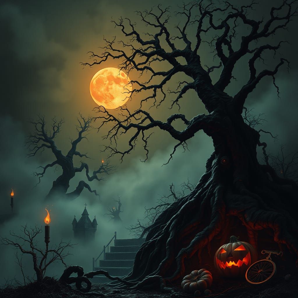 Eerie Halloween Landscape in Ash Thorp Style