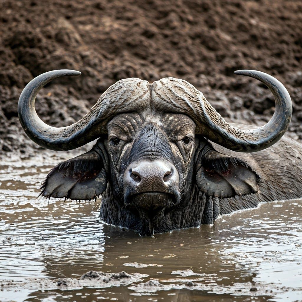 This captivating image showcases a buffalo deeply embedded i...