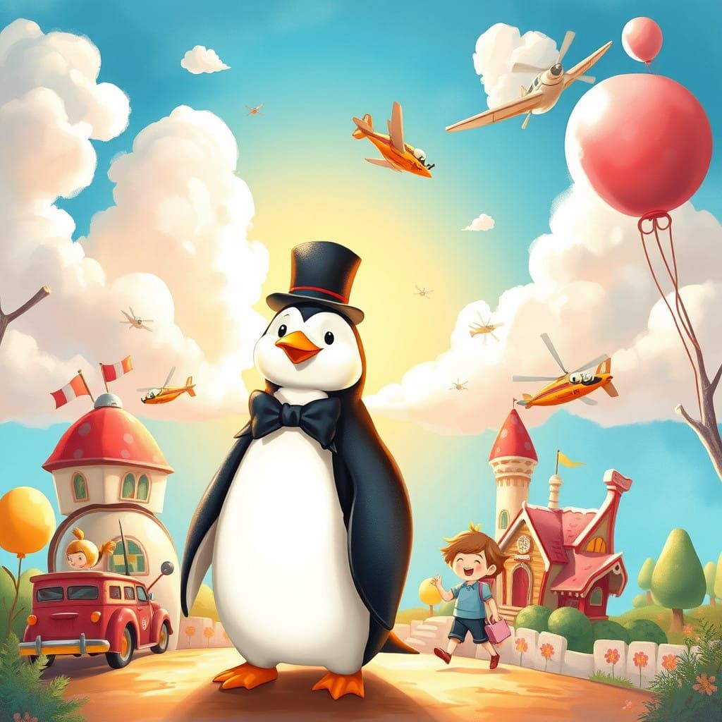 Whimsical Children's Scene with Penguin and Flying Cars in B...