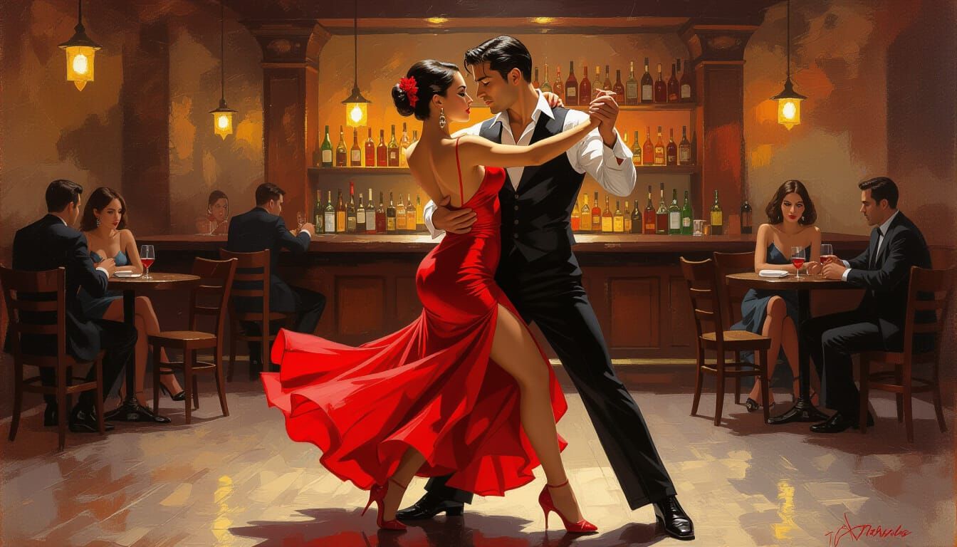 Passionate Tango Dancer in Argentinian Bar, Expressive Paint...