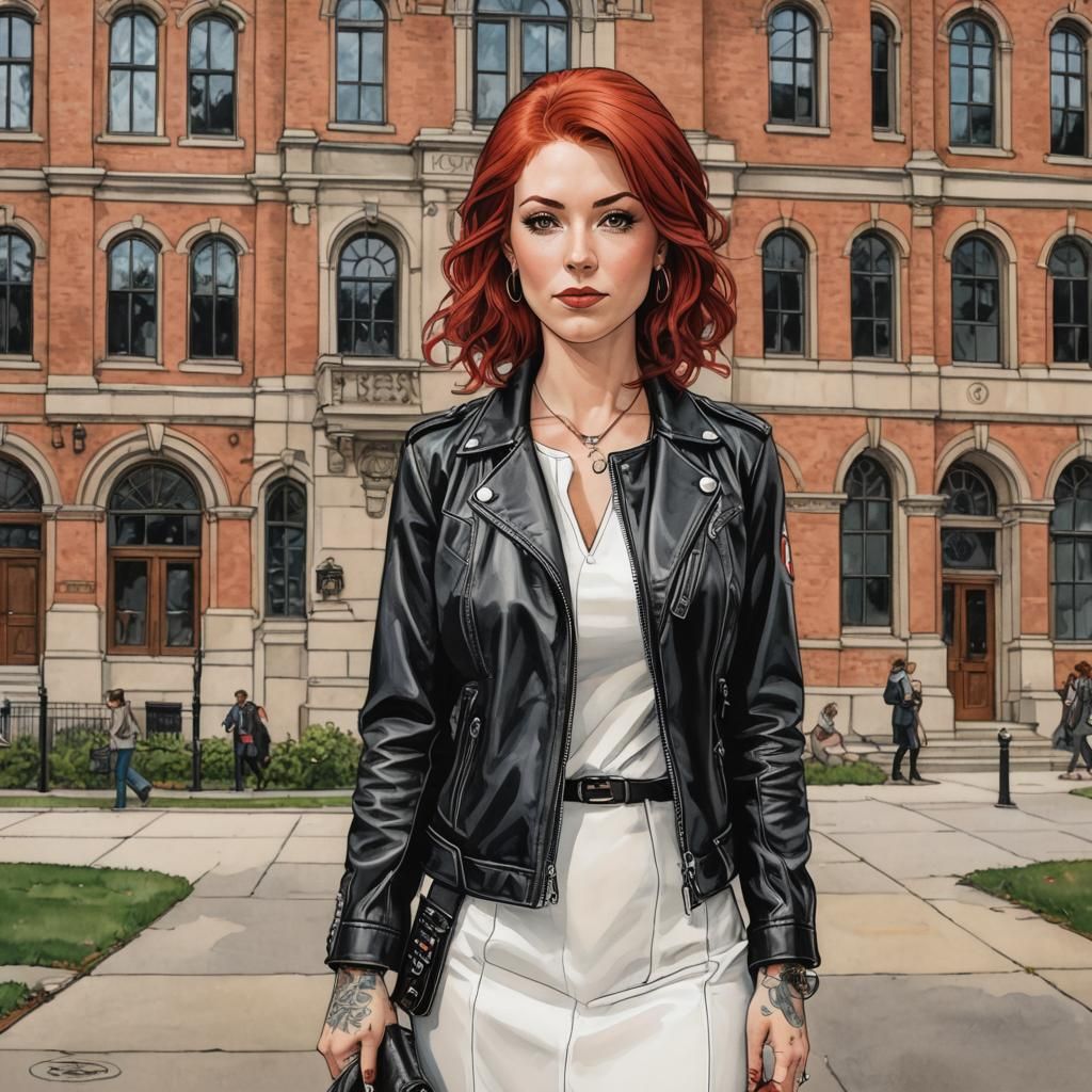 Red-Haired Teacher in Milo Manara Style on Harvard Campus