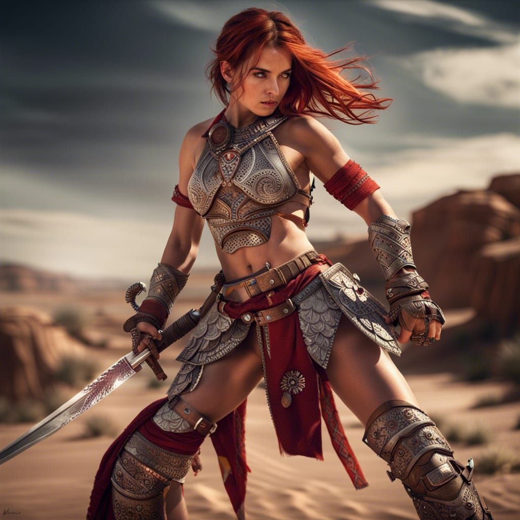 Hyperrealistic Desert Warrior with Sword in Bikini Armor