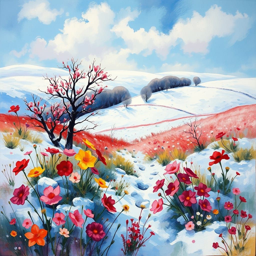 Vibrant Wildflower Landscape in Winter Wonderland