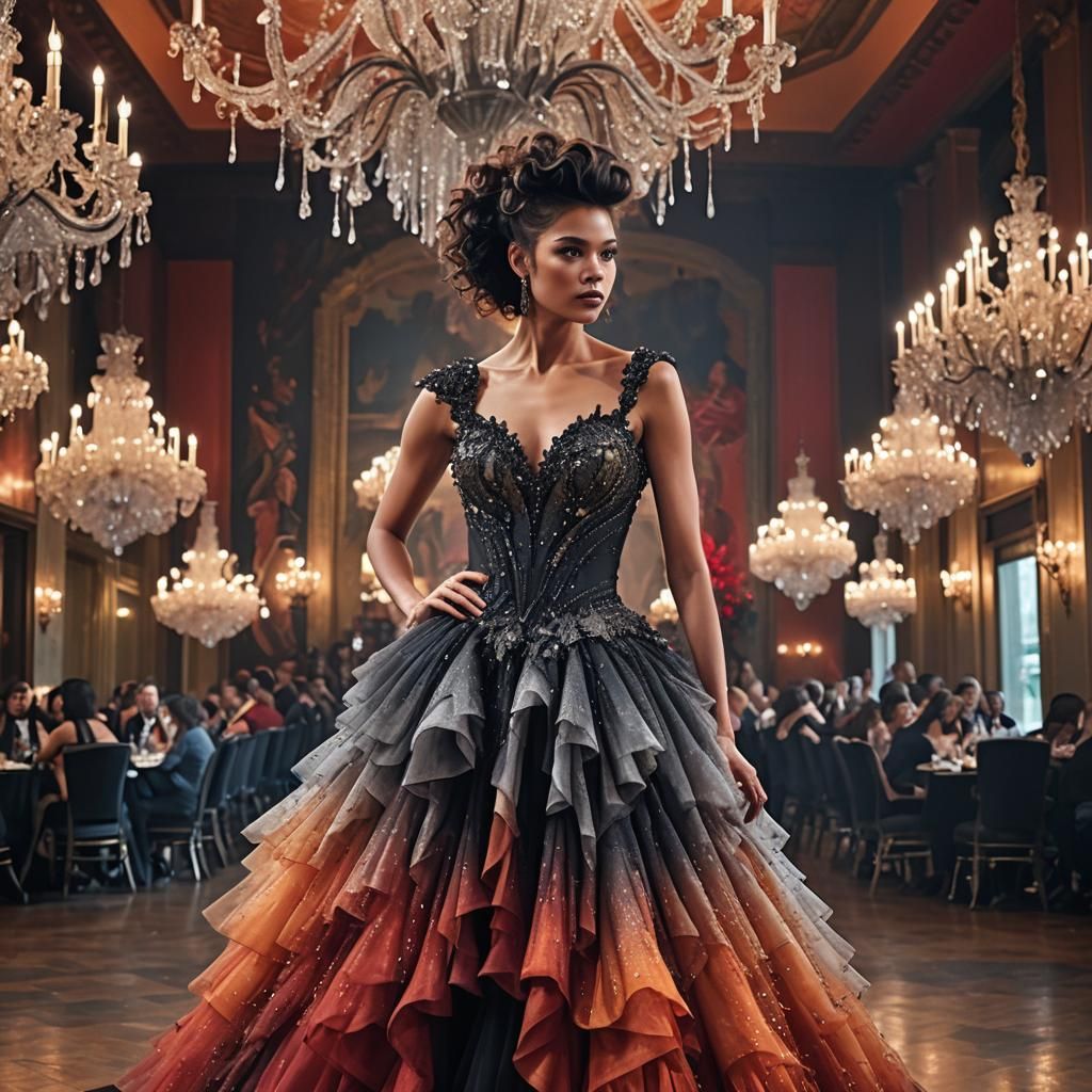 Fiery Gown in Opulent Ballroom: Digital Rendering