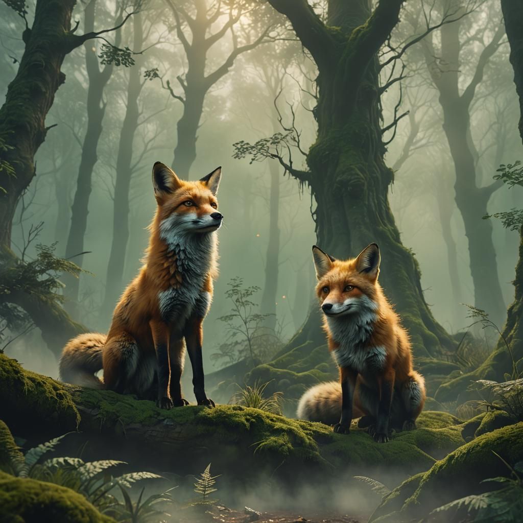 Green Foxes in Misty Forest Fantasy Art