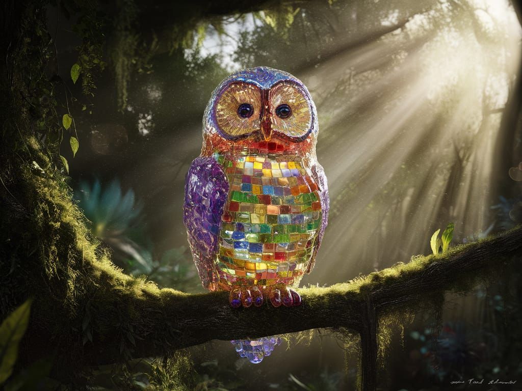 Colorful Mosaic Glass Owl in Enchanted Forest