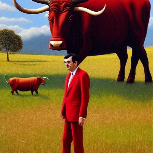 Mr. Bean in Field with Bull, Oil Painting