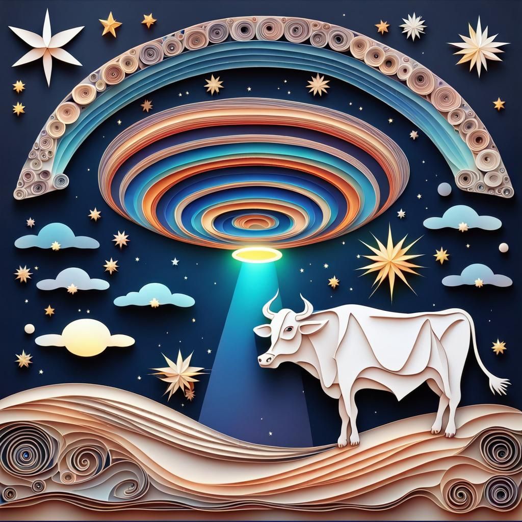 Quilling design of UFO lifting a cow in the desert with aurora borealis and stars in the sky.