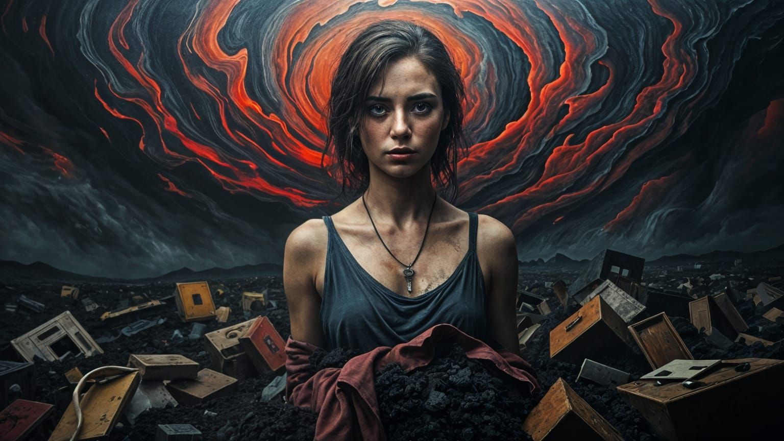 Grief-Stricken Woman in Surreal Apocalyptic Landscape
