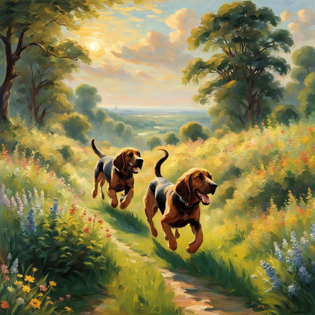 Impressionist Bloodhounds in a Serene British Countryside