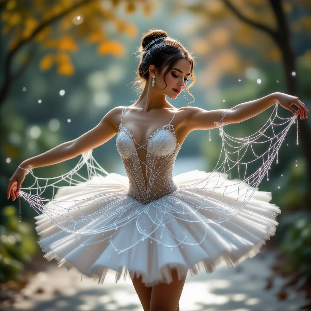Ballerina in Ethereal Spider Web Dress with Dewdrops