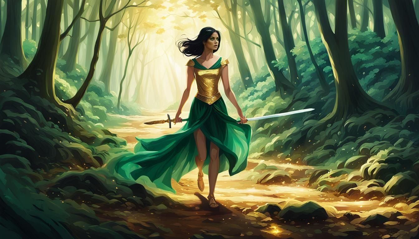 Woman in Golden Silk Dress Walking Through Forest