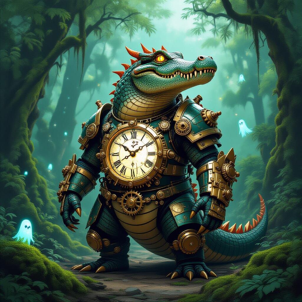 Clockwork Crocodile in Japanese Forest, Steampunk Art