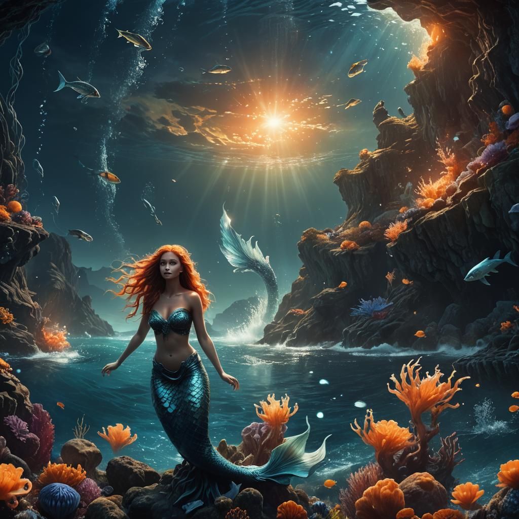 Bioluminescent Mermaid in a Sea, Digital Matte Painting