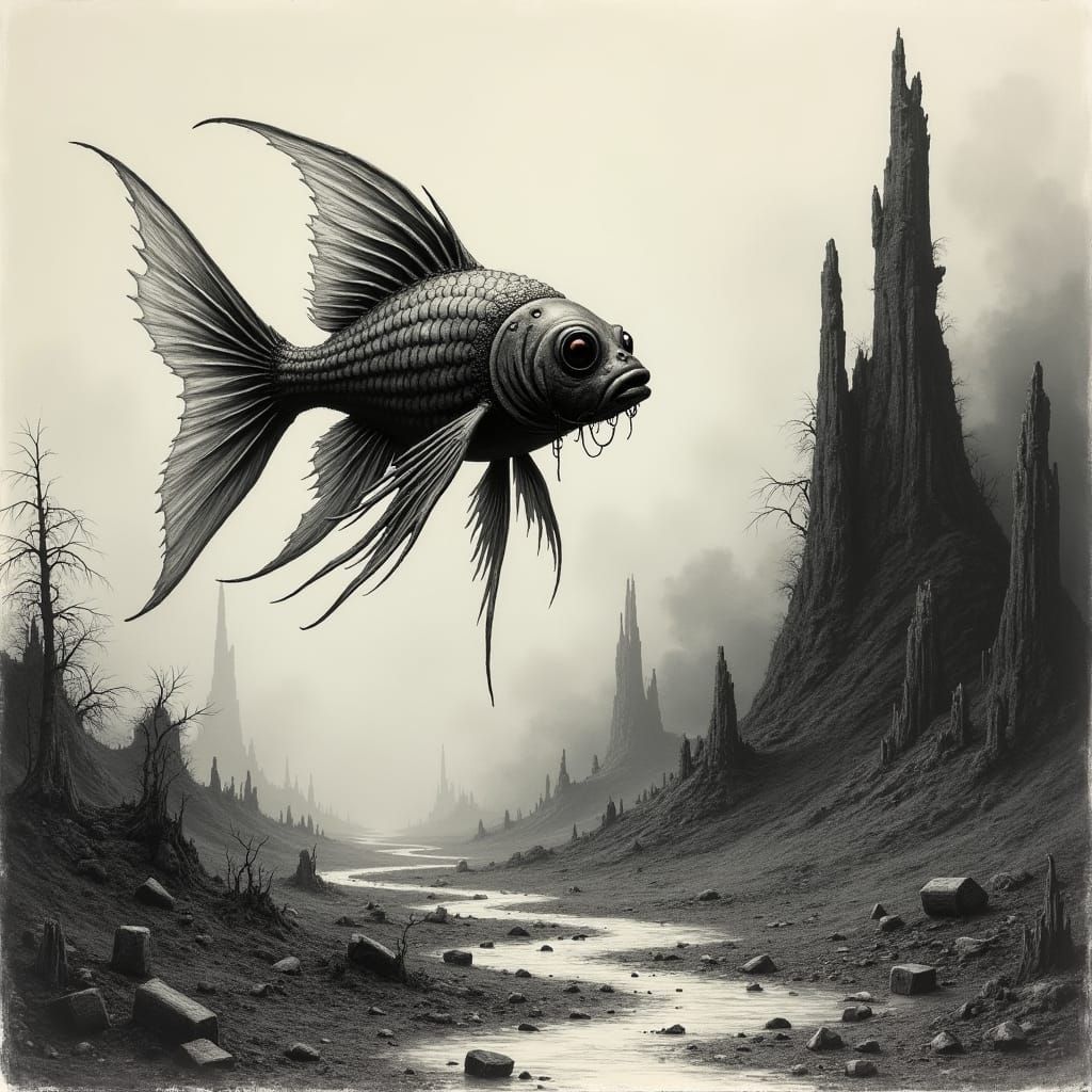 Mutated Goldfish in Post-Apocalyptic Landscape