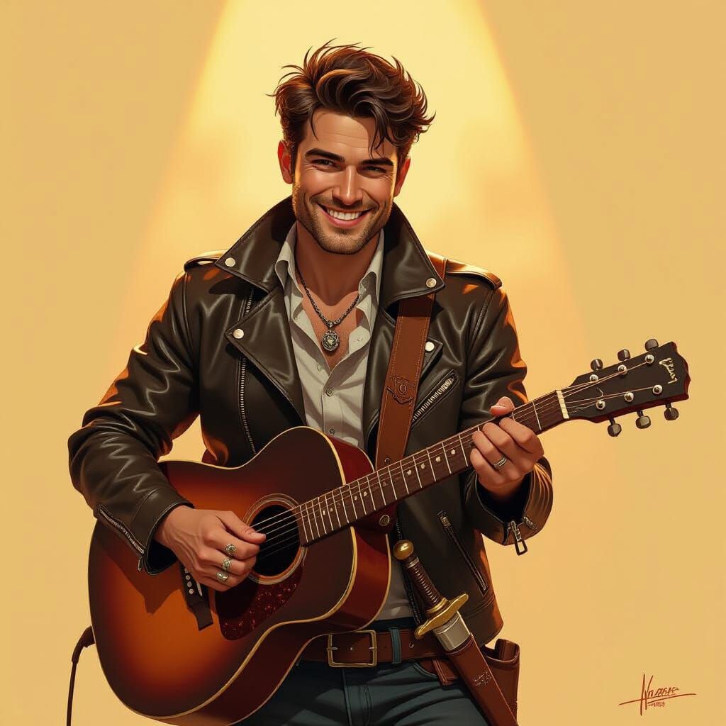 Charming Musician with Hidden Dagger in Golden Light