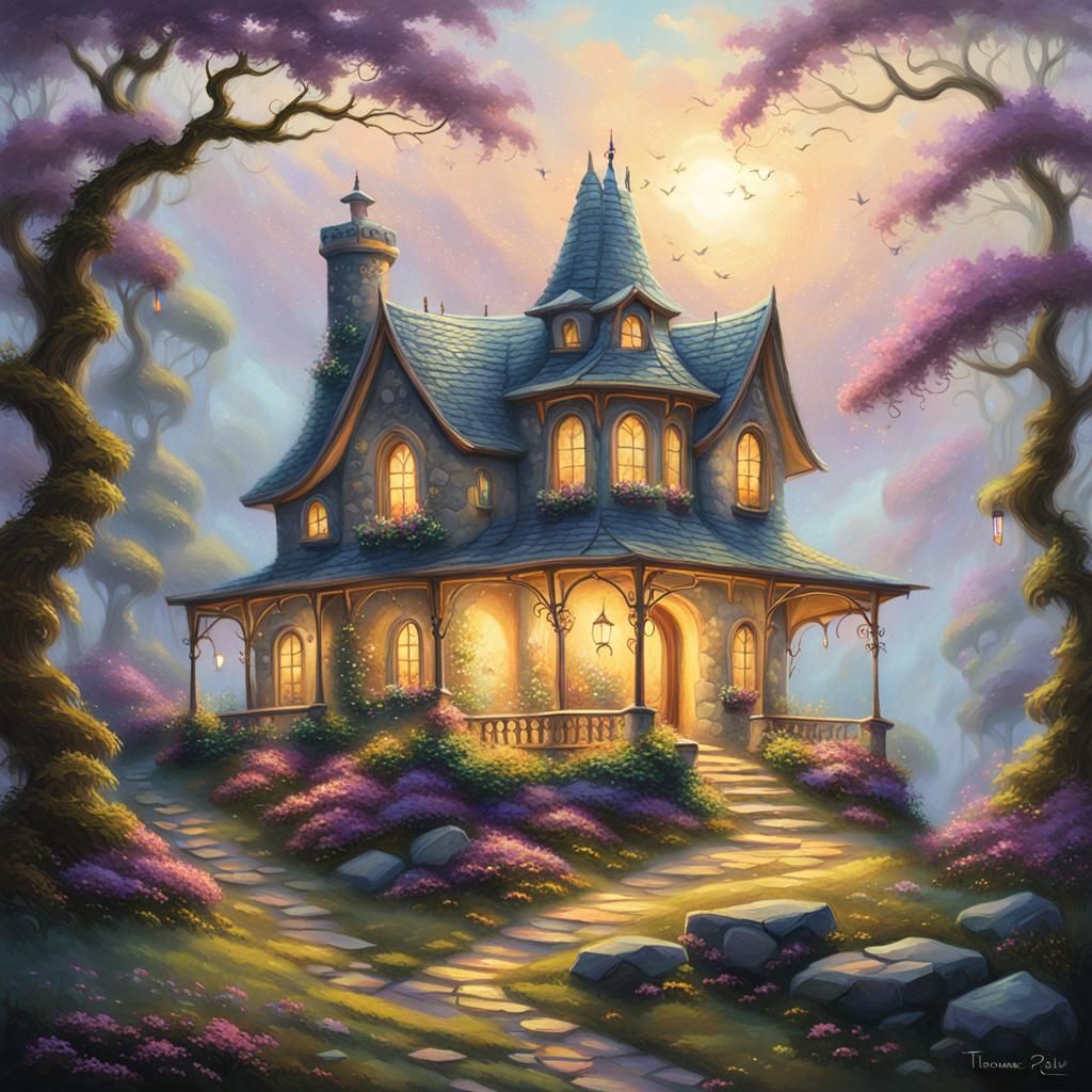 Ethereal Lantern House on Misty Hill in Oil Painting Style