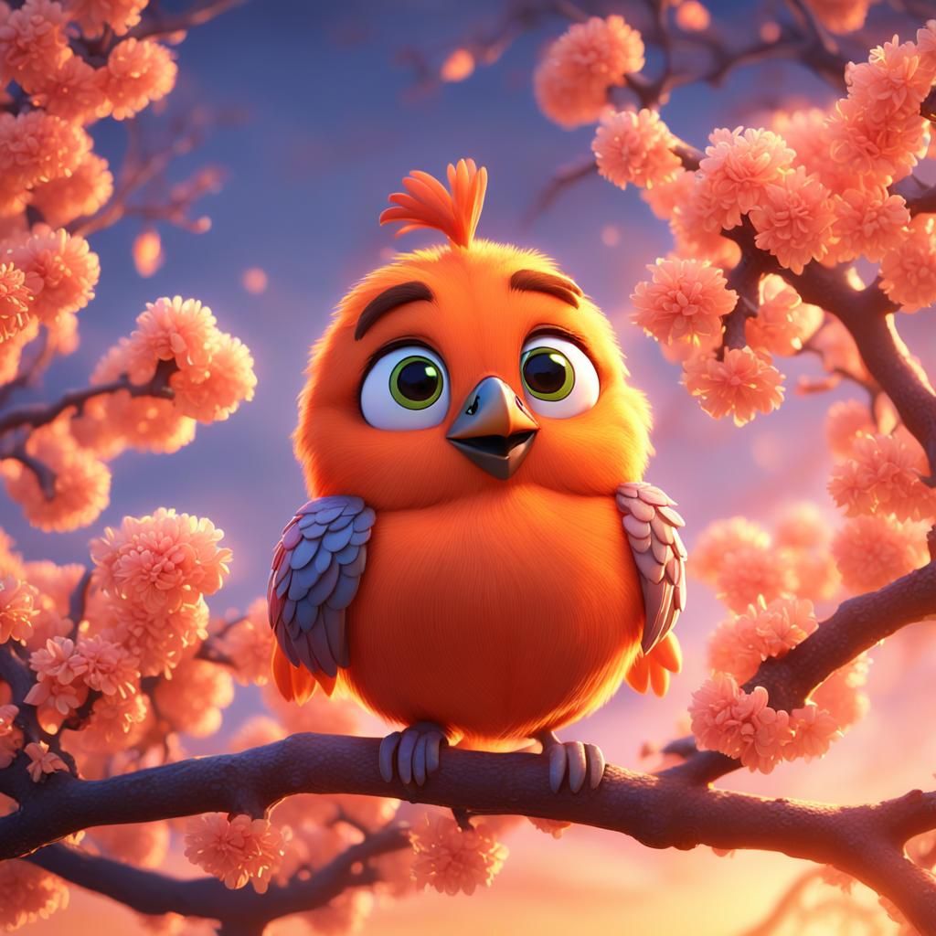 Adorable Orange Bird in Blooming Tree, 3D Digital Art