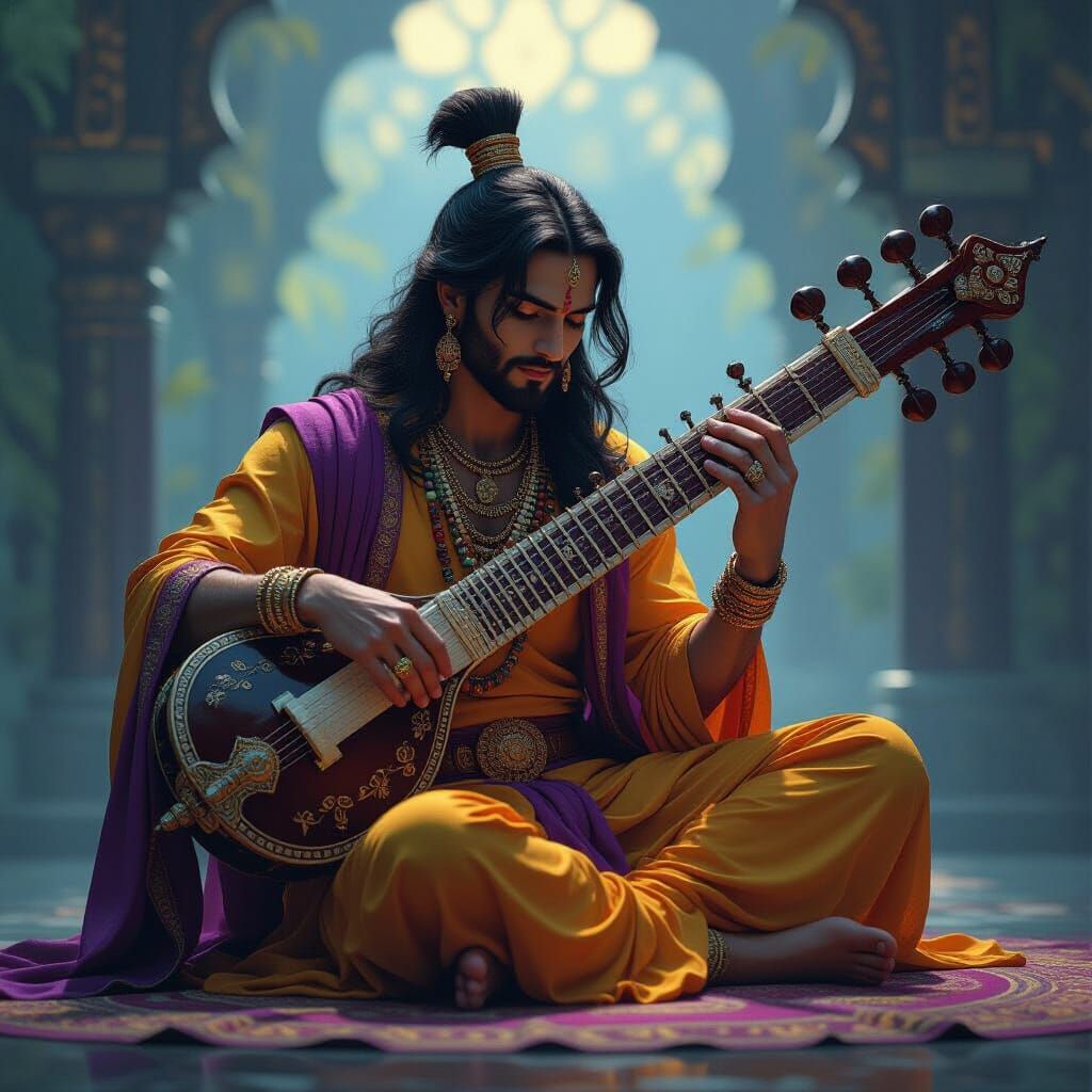 Sitar Player in Dark Fantasy with Volumetric Lighting