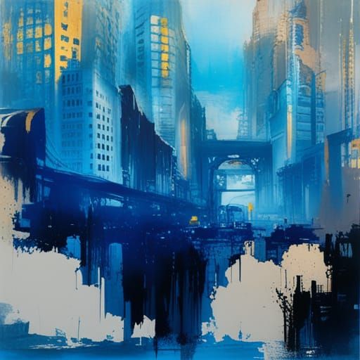 Blue Tree Cityscape in Gouache and Inkwash