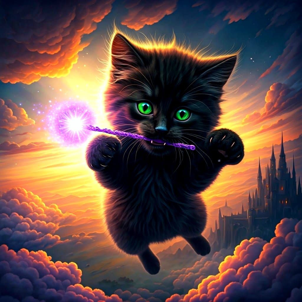 Epic Photorealistic Kitten Wields Magic Wand